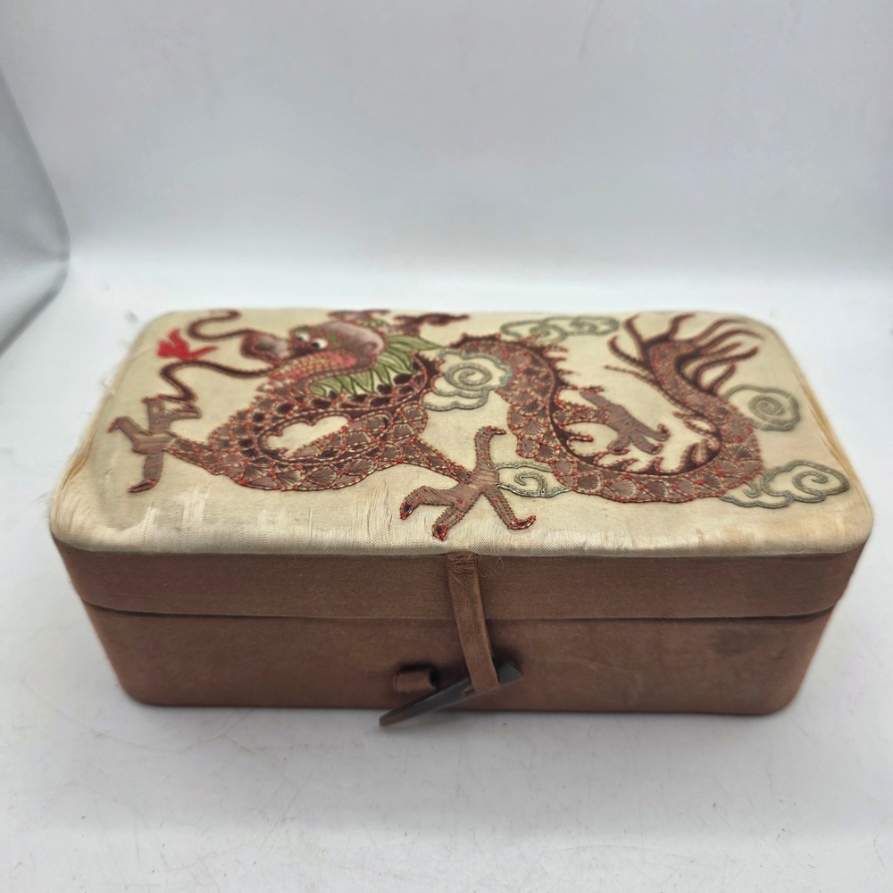 Vintage Chinese Silk Embroidered Dragon Jewelry Trinket Box Made in China